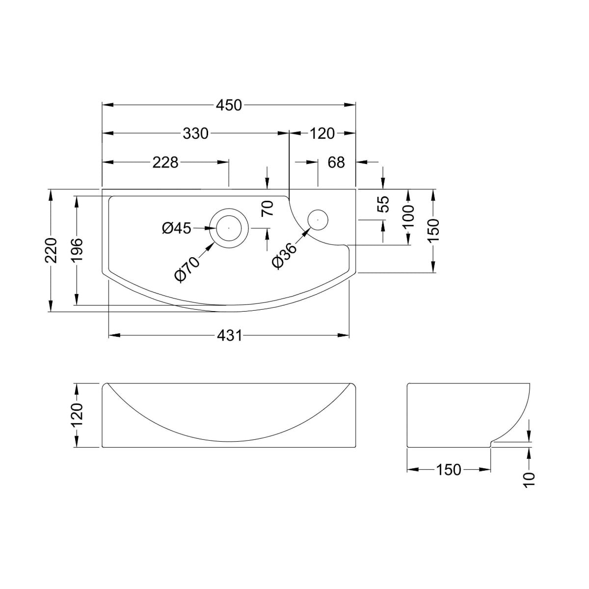 Hudson Reed 1 Tap Hole 450mm Compact Left Hand Ceramic Basin - Technical drawing