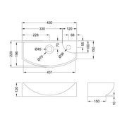 Hudson Reed 1 Tap Hole 450mm Compact Left Hand Ceramic Basin - Technical drawing