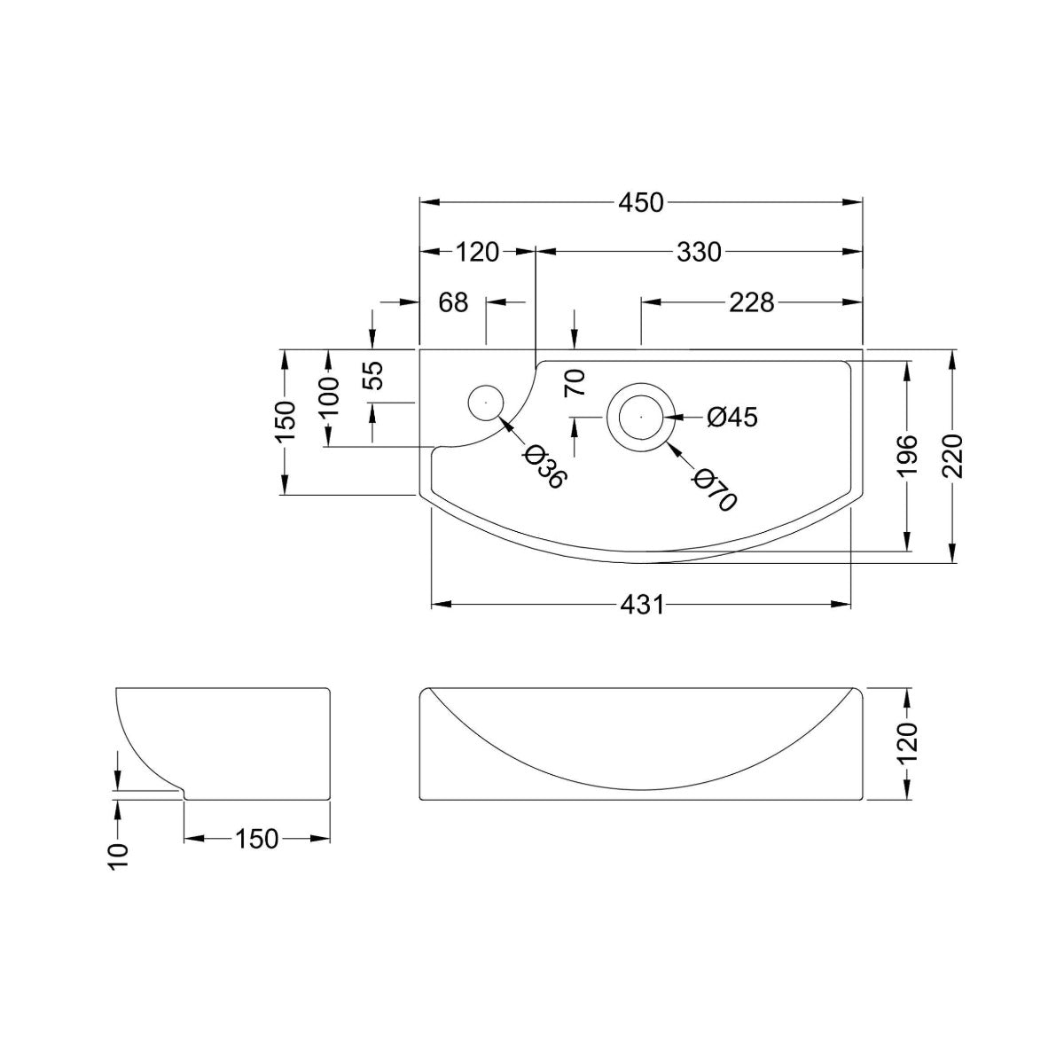 Hudson Reed 1 Tap Hole 450mm Compact Right Hand Ceramic Basin - Technical drawing