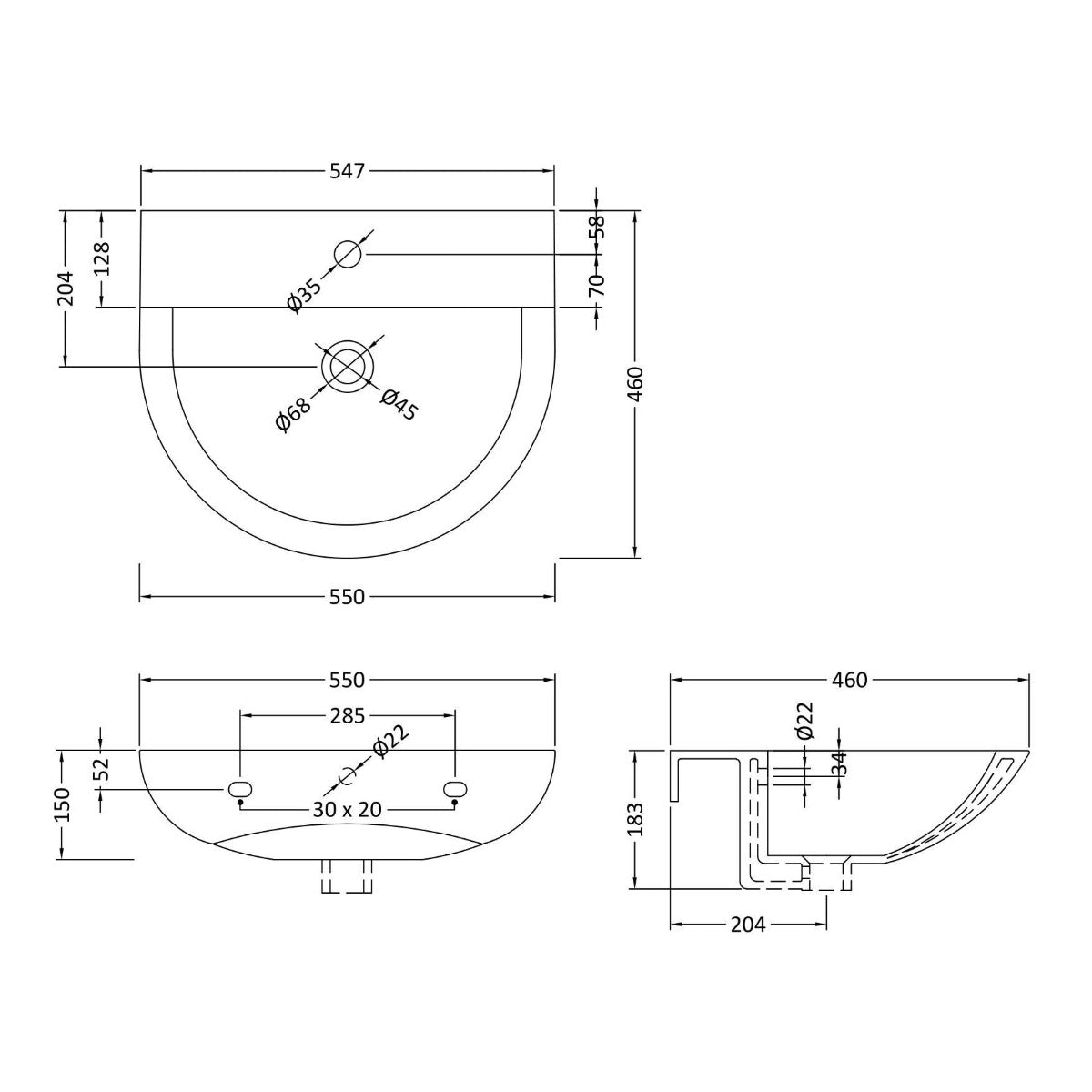 Nuie Freya 1 Tap Hole 550mm Ceramic Basin - Technical drawing