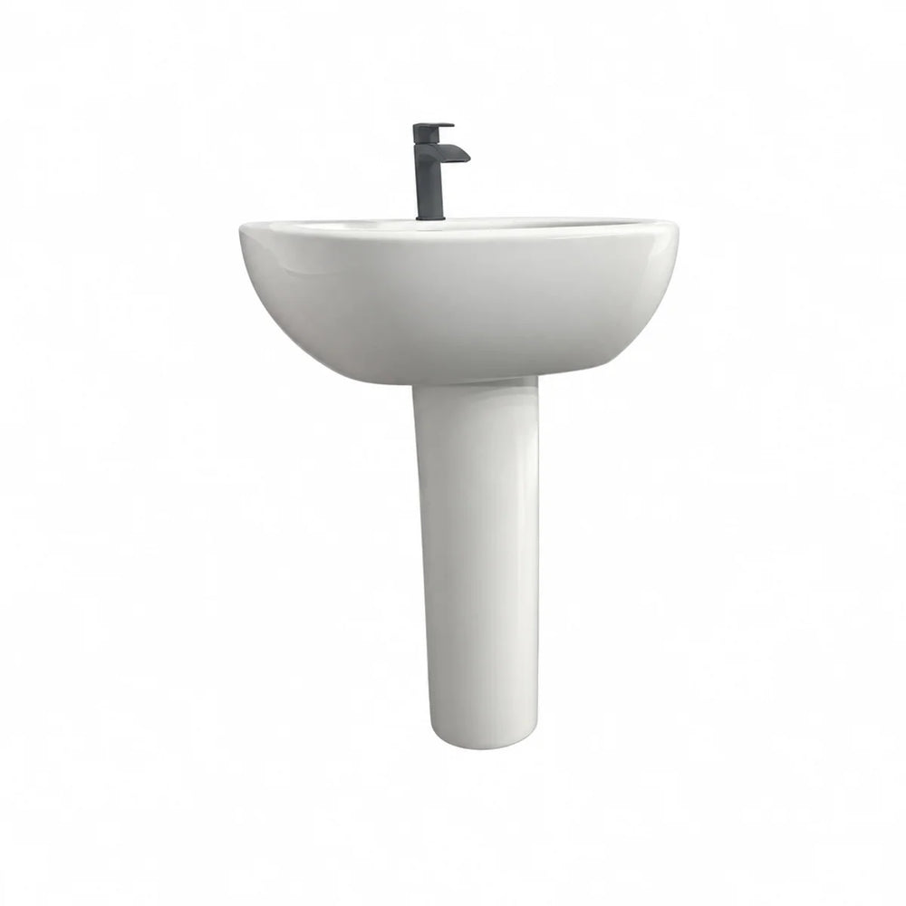 Olympia Nicole Bianco 60cm white basin and full pedestal, front view, with a black Portobello mixer tap on a plain white background