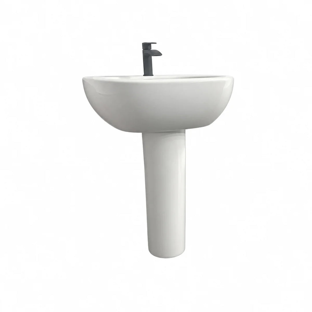 Olympia Nicole Bianco 60cm white basin and full pedestal, front view, with a black Portobello mixer tap on a plain white background