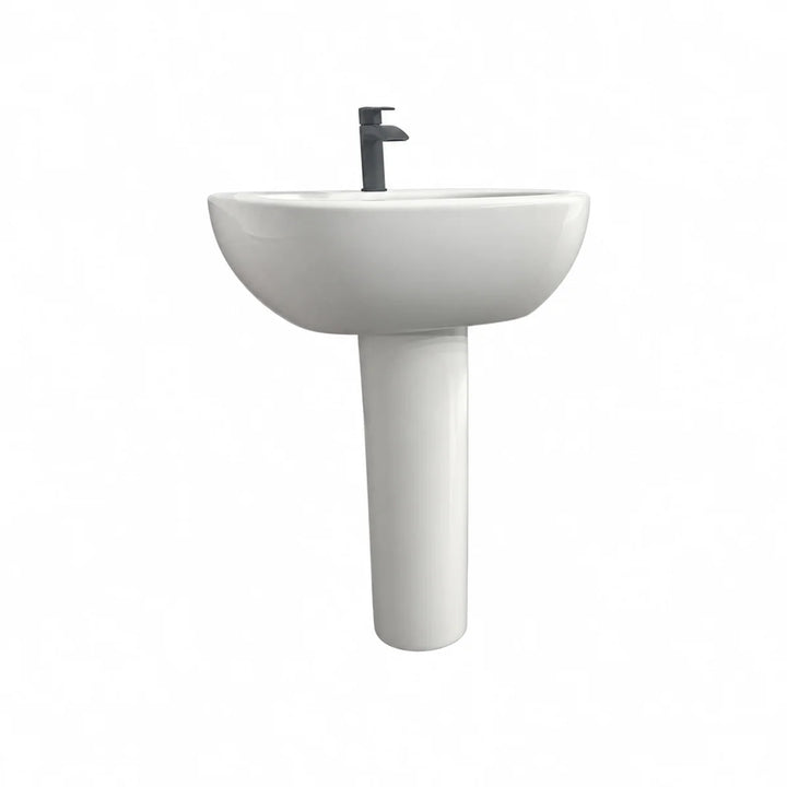 Olympia Nicole Bianco 60cm white basin and full pedestal, front view, with a black Portobello mixer tap on a plain white background