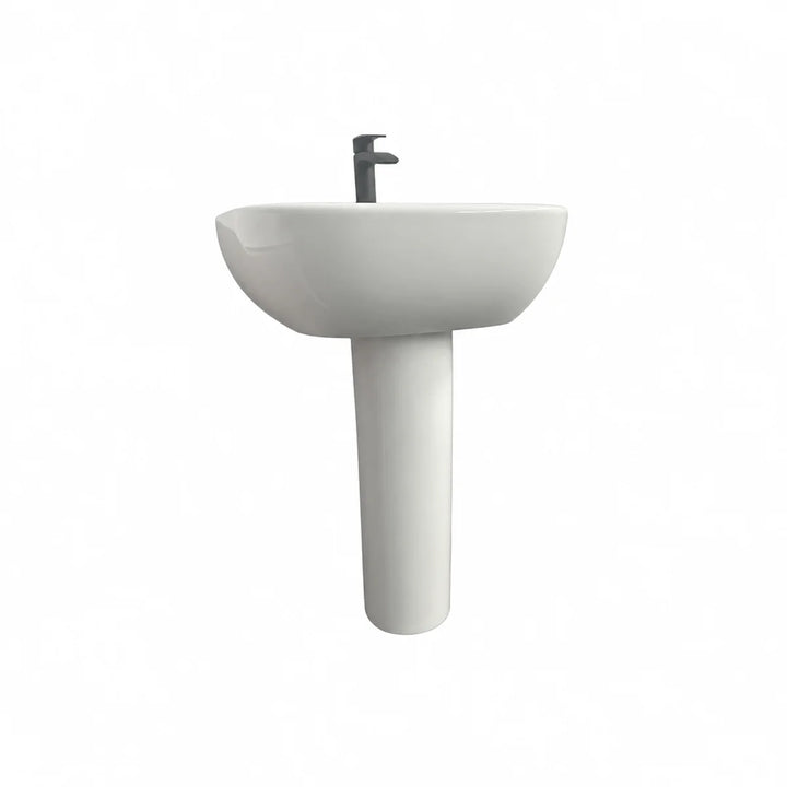 Olympia Nicole white 60cm basin on full pedestal with a black Portobello mixer tap, front view on a plain white background