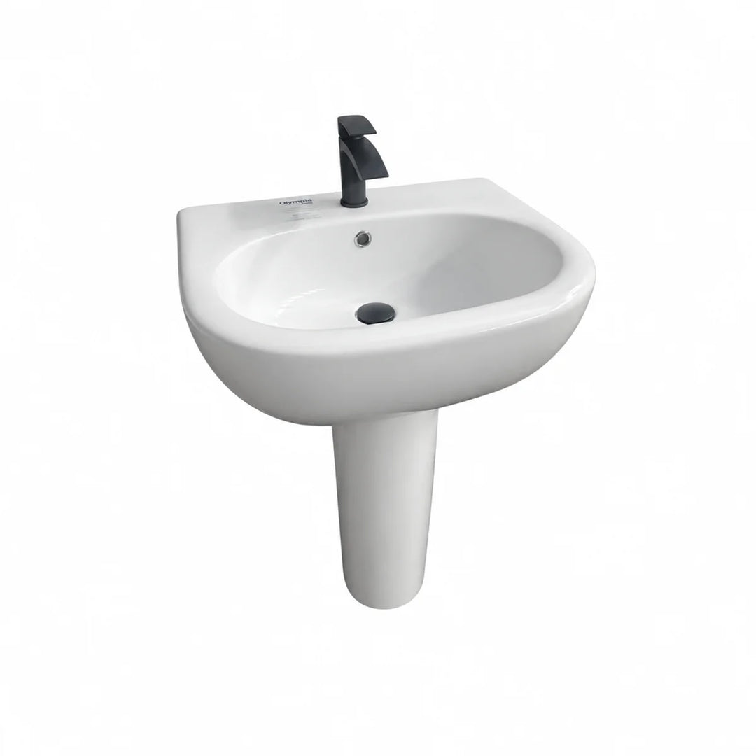 Olympia Nicole white 60cm basin with full pedestal, matt black mono mixer tap and black waste cover, shown in front three-quarter view