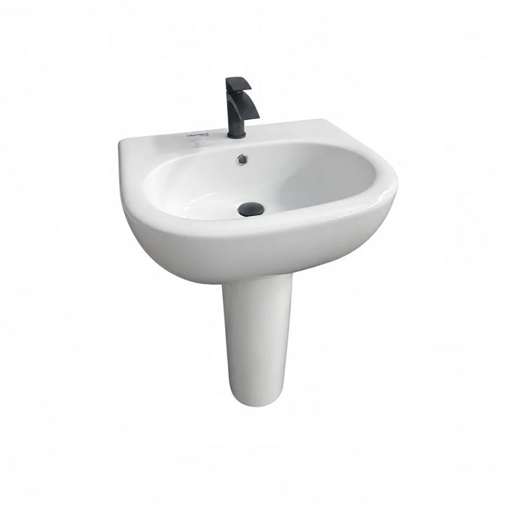 Olympia Nicole white 60cm basin with full pedestal, matt black mono mixer tap and black waste cover, shown in front three-quarter view