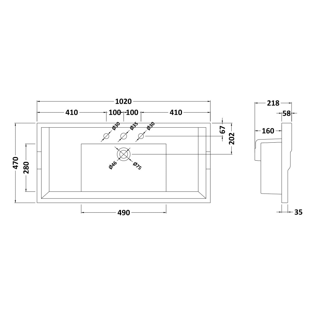Hudson Reed 3 Tap Hole 1000mm Traditional Basin - Technical drawing