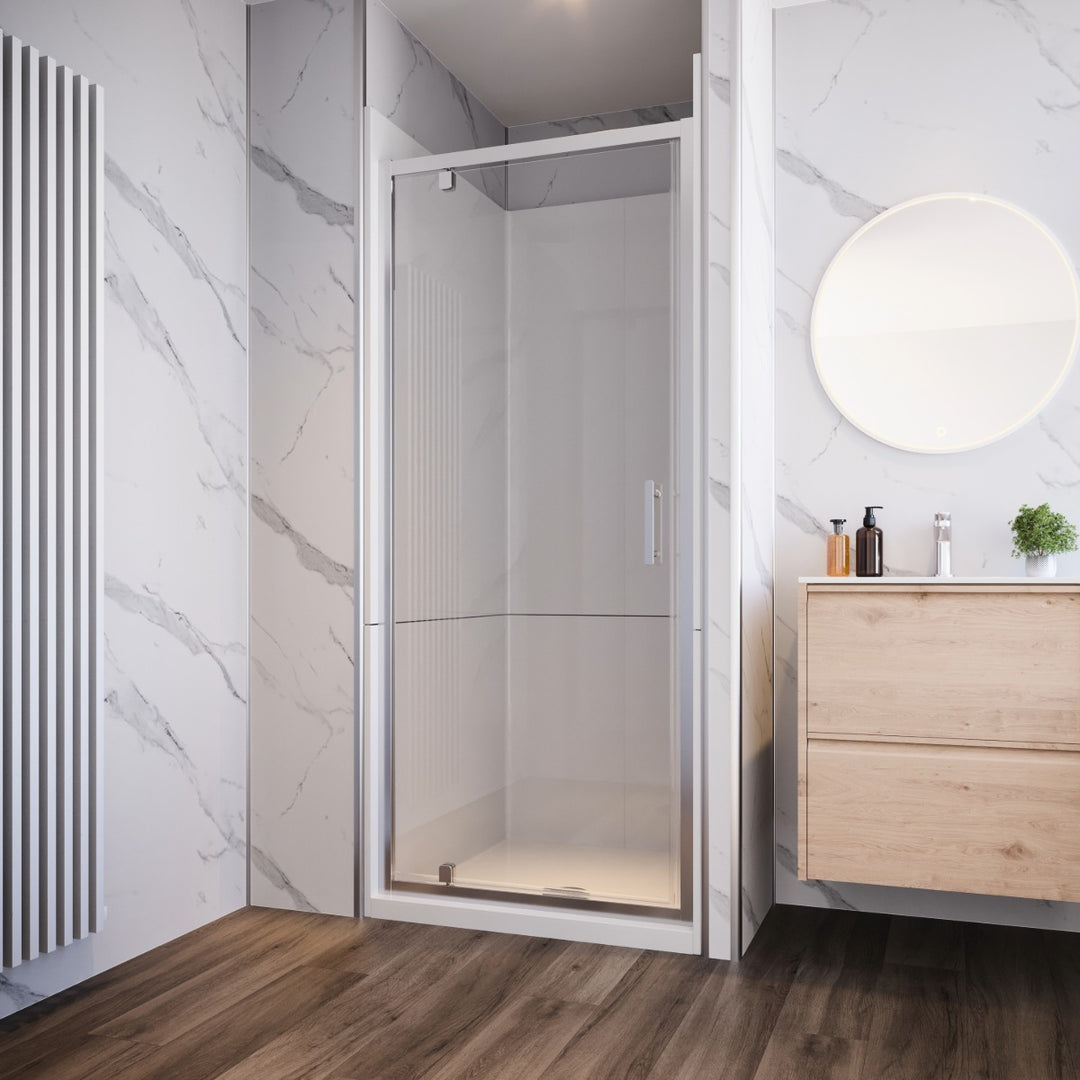 Neptune 800 x 800mm three-sided alcove shower enclosure in white, designed to create a contemporary leak-free showering space.