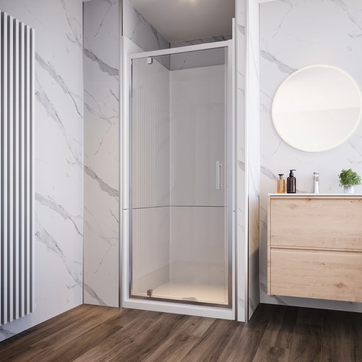 Neptune 800 x 800mm three-sided alcove shower enclosure in white, designed to create a contemporary leak-free showering space.
