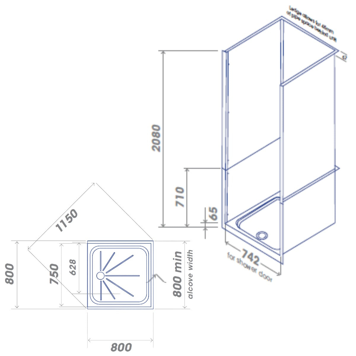 Neptune 800 x 800mm 3 Sided Alcove White - Technical drawing