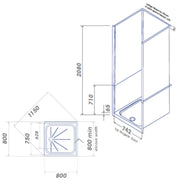 Neptune 800 x 800mm 3 Sided Alcove White - Technical drawing