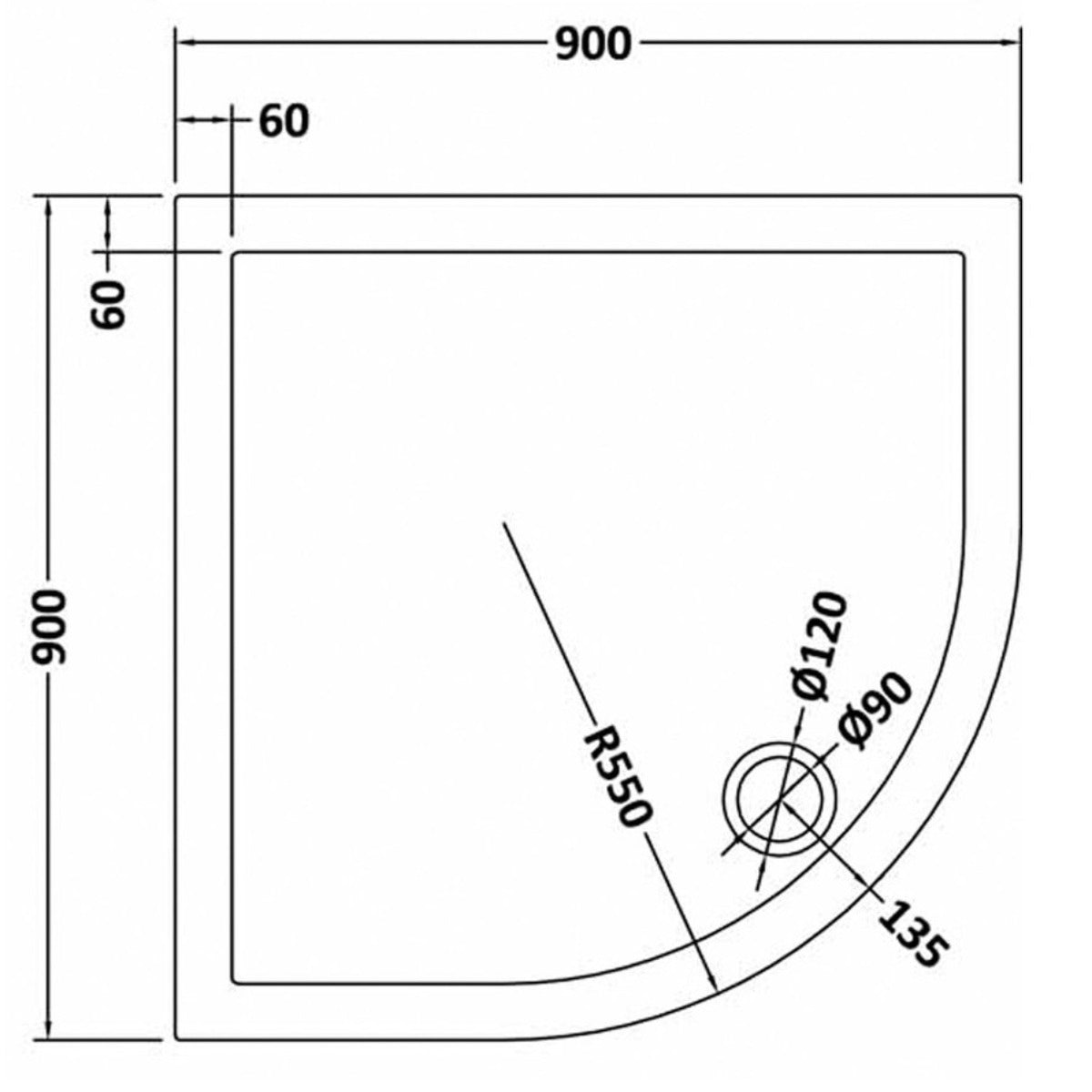 Hudson Reed 900mm Quadrant Shower Tray - Technical drawing