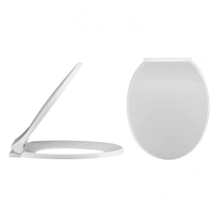 Nuie Standard Soft Close white thermoplastic toilet seat with quick-release function and top-fixing hinges, suitable for standard round toilets.