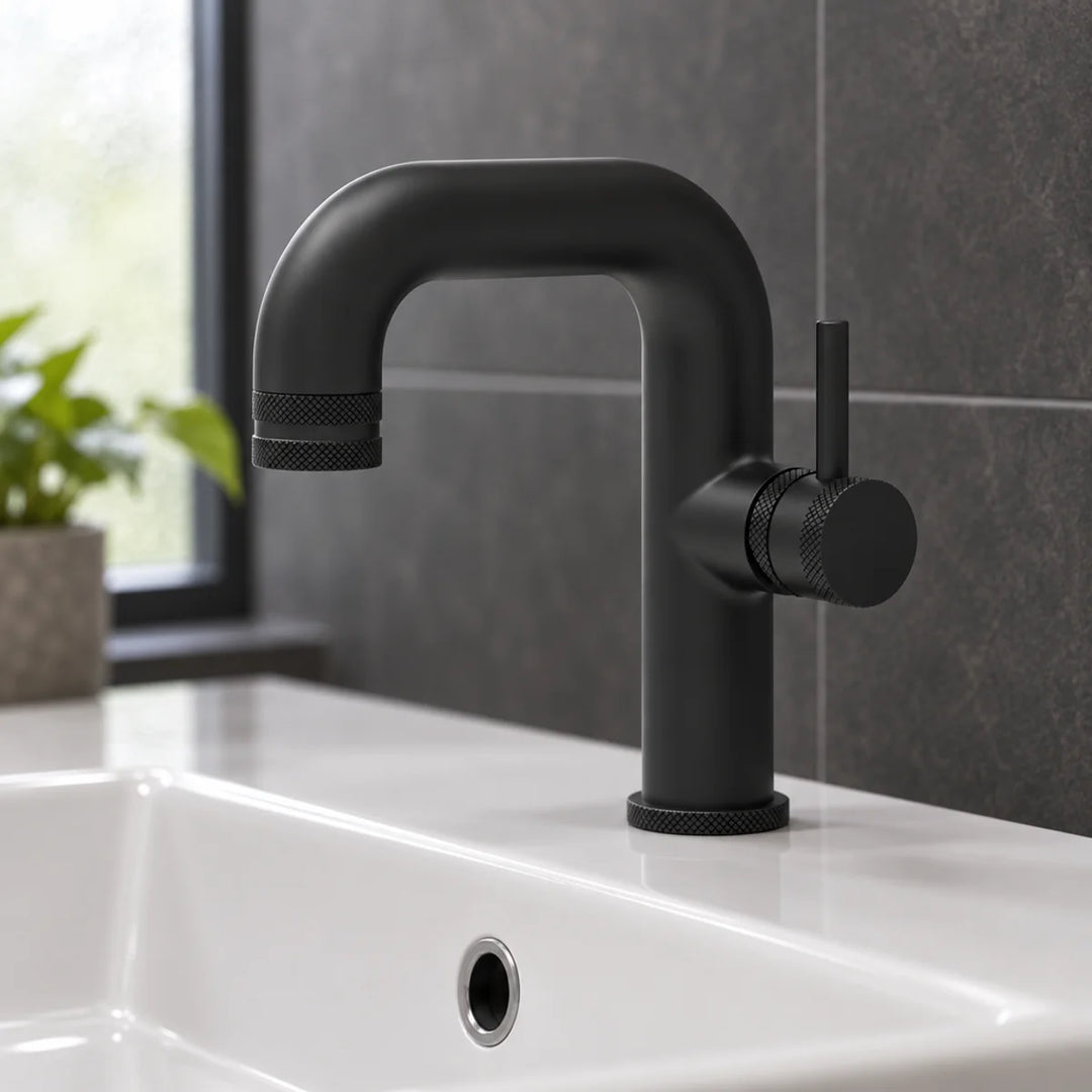 Eliseo Ricci Exclusiv matt black side lever basin mono tap with knurled detailing, shown on a white basin against dark grey tiles