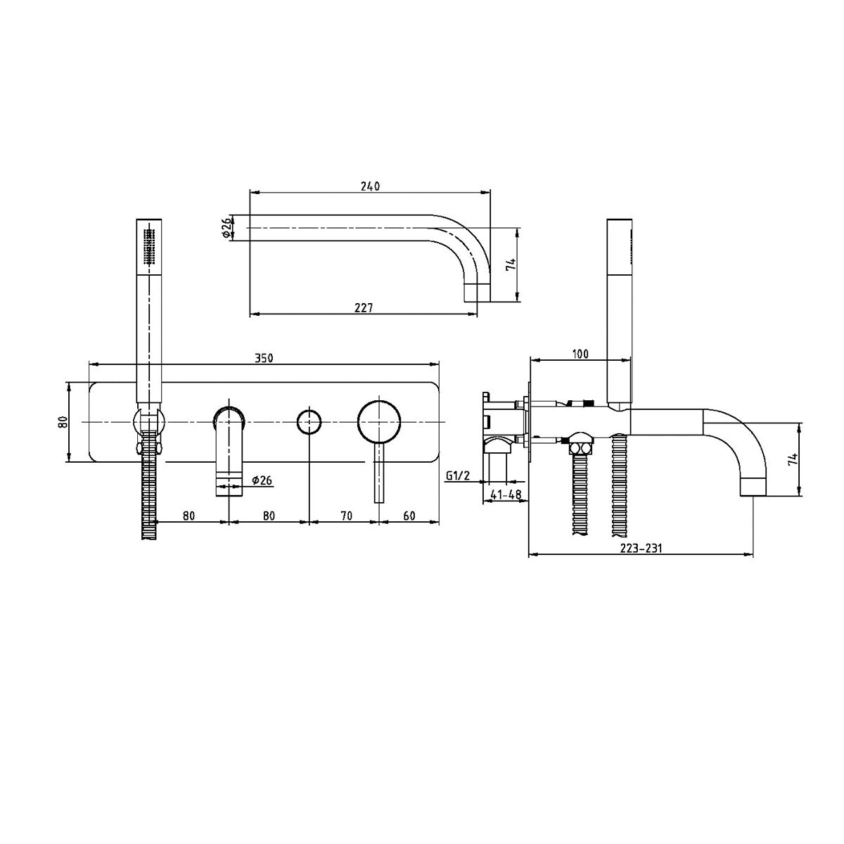 Exclusiv Wall Mounted Bath Shower Mixer - Black - Technical drawing