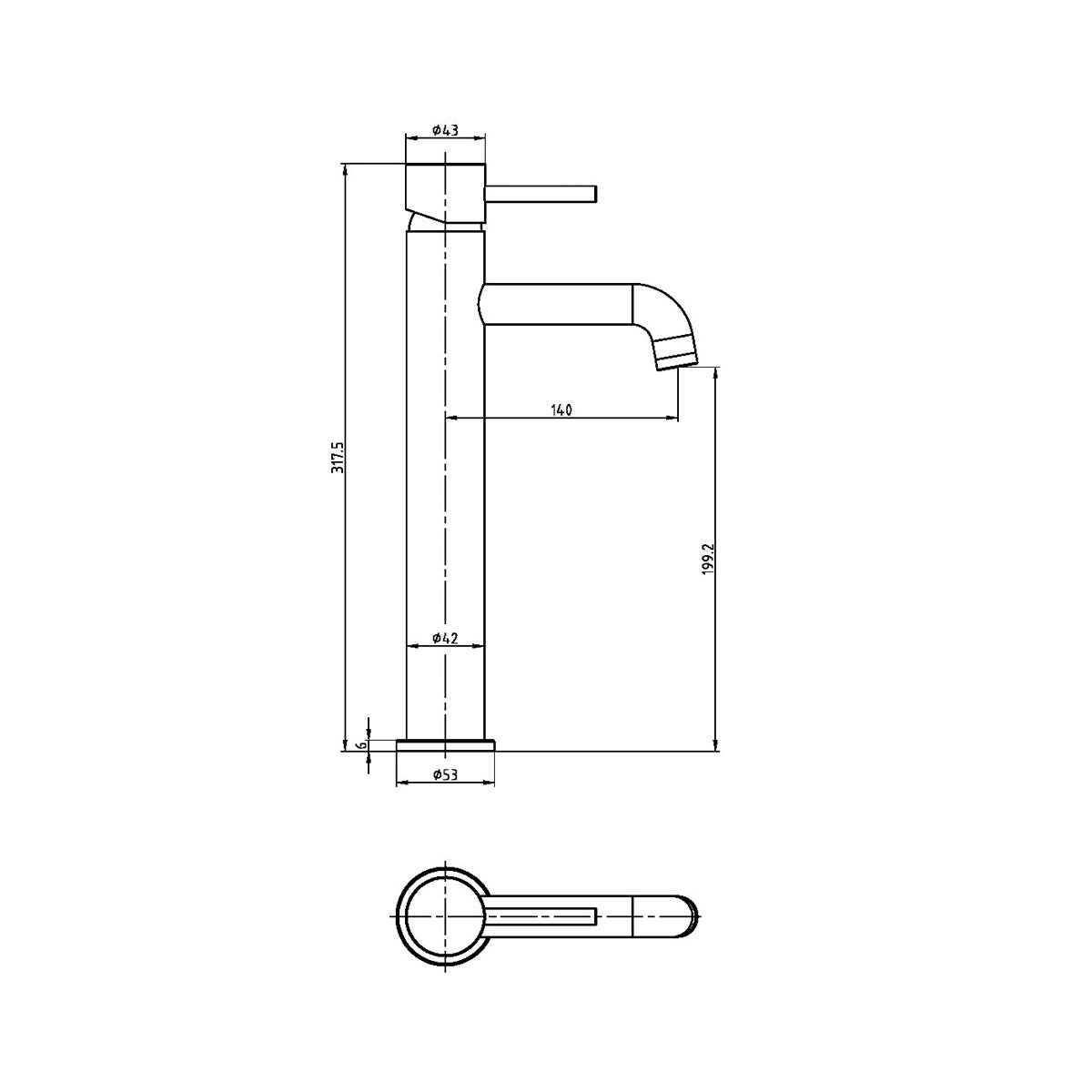 Exclusiv Tall Mono Basin Mixer - Brushed Nickel - Technical drawing