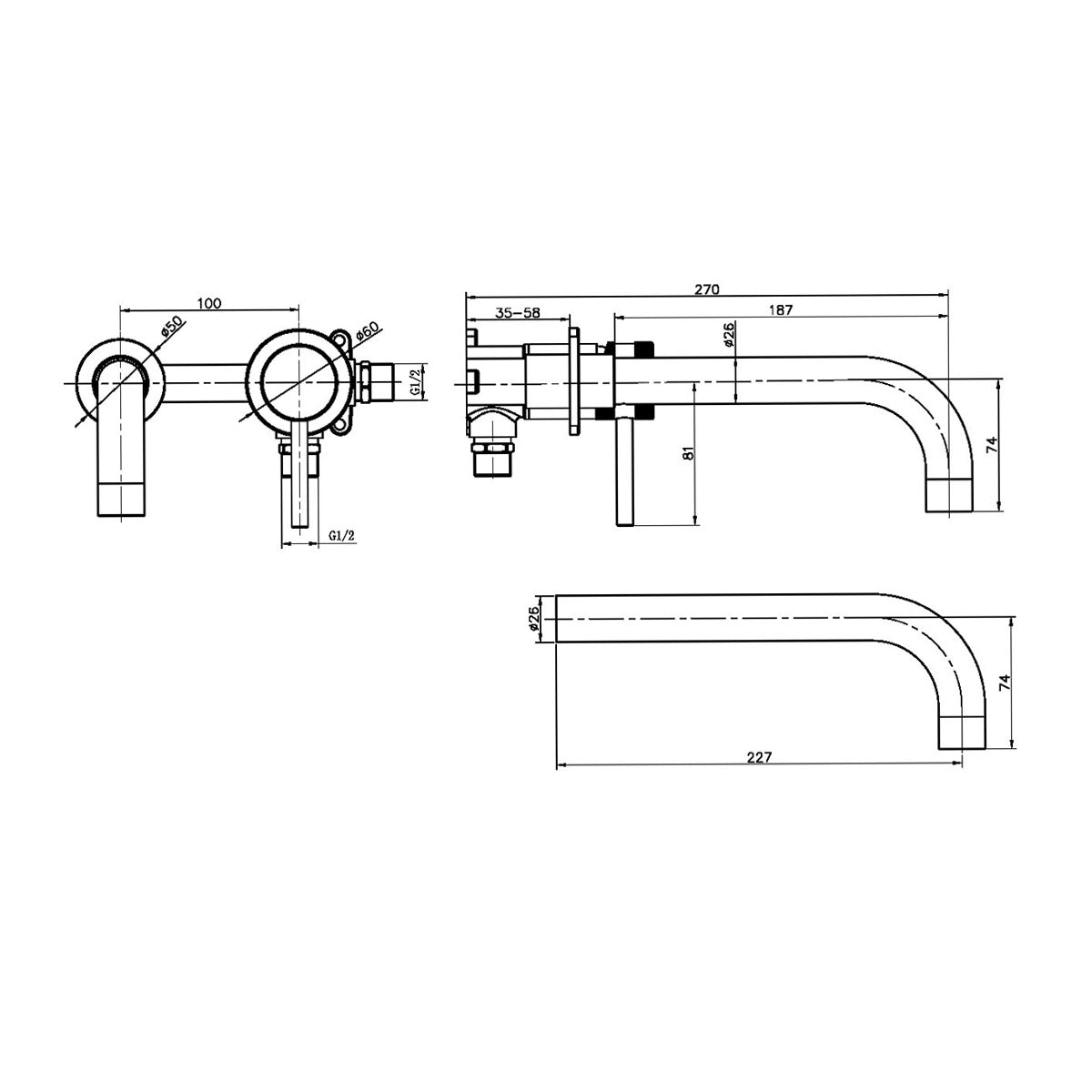 Exclusiv Wall Mounted Basin Mixer - Brushed Nickel - Technical drawing
