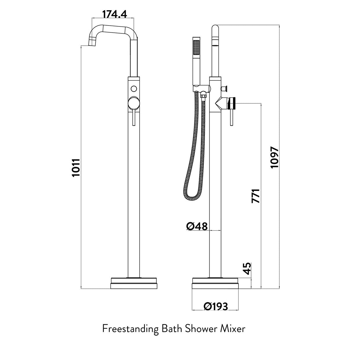 Exclusiv Floor Standing Bath Shower - Brushed Nickel - Technical drawing