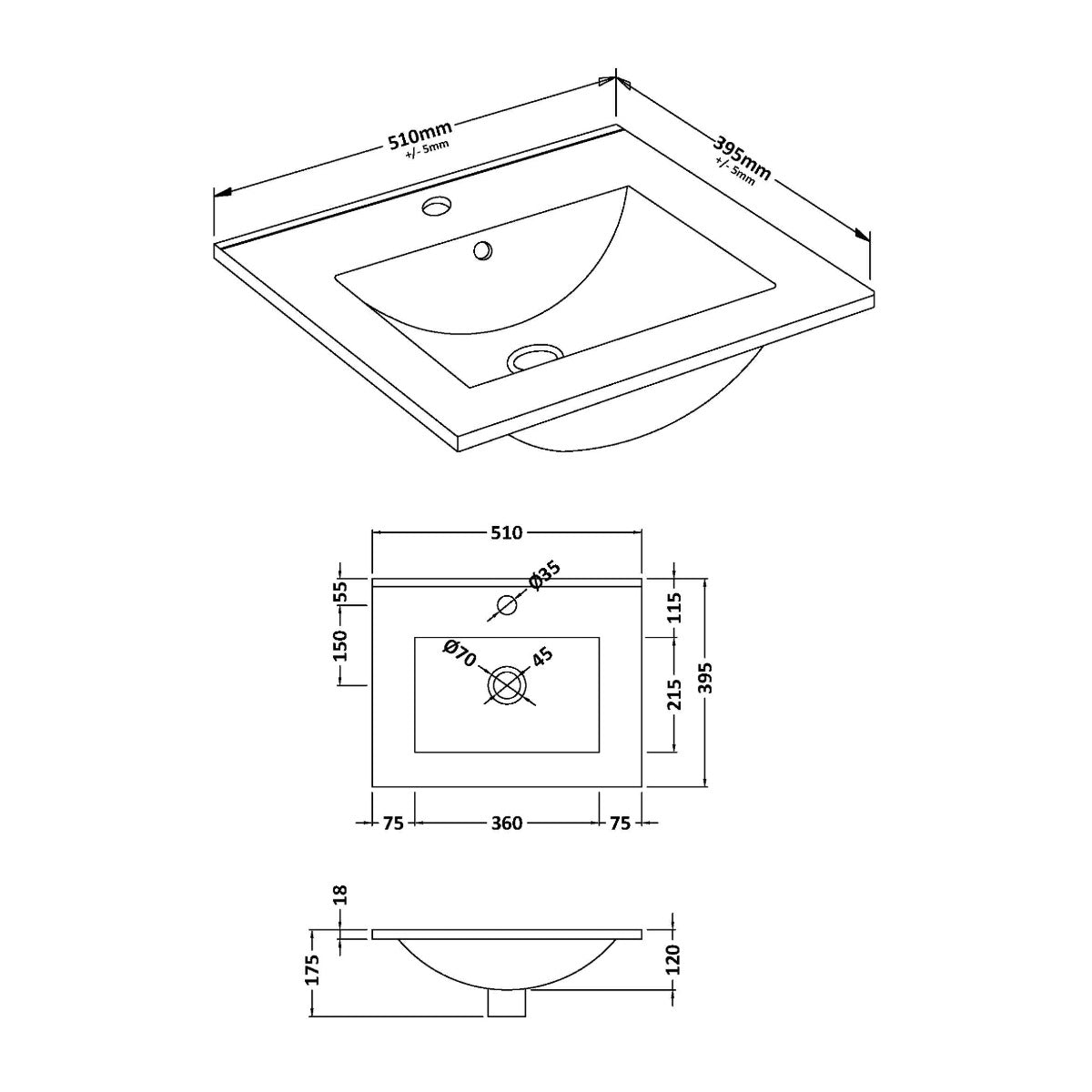 Minimalist Thin Edge Basin - 500mm - Technical drawing