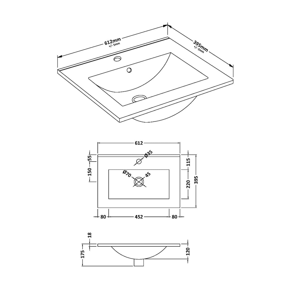 Minimalist Thin Edge Basin - 600mm - Technical drawing