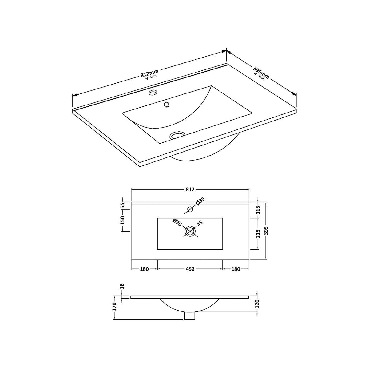 Minimalist Thin Edge Basin - 800mm - Technical drawing