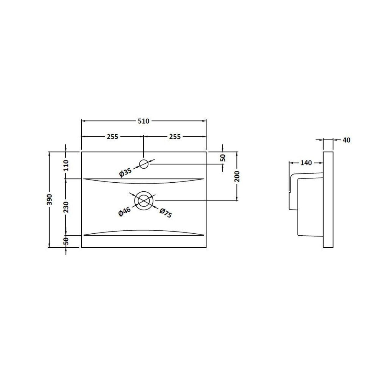Minimalist Mid Edge Basin - 500mm - Technical drawing