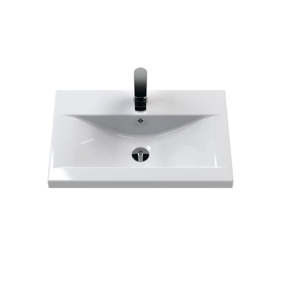 Minimalist Mid Edge Basin 600mm in white ceramic with a contemporary mid-edge profile, single tap hole and integrated overflow for compatible vanity units.