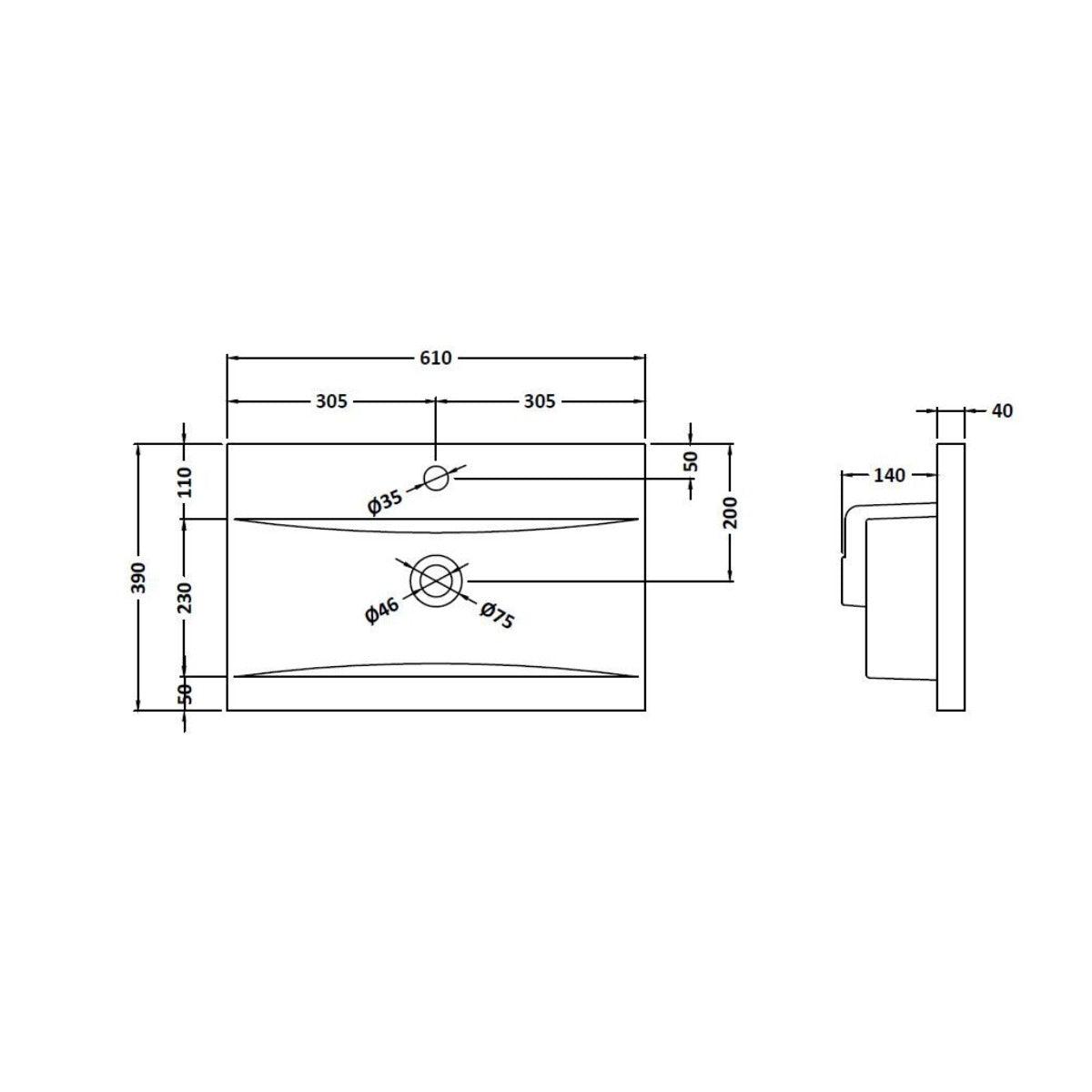 Minimalist Mid Edge Basin - 600mm - Technical drawing