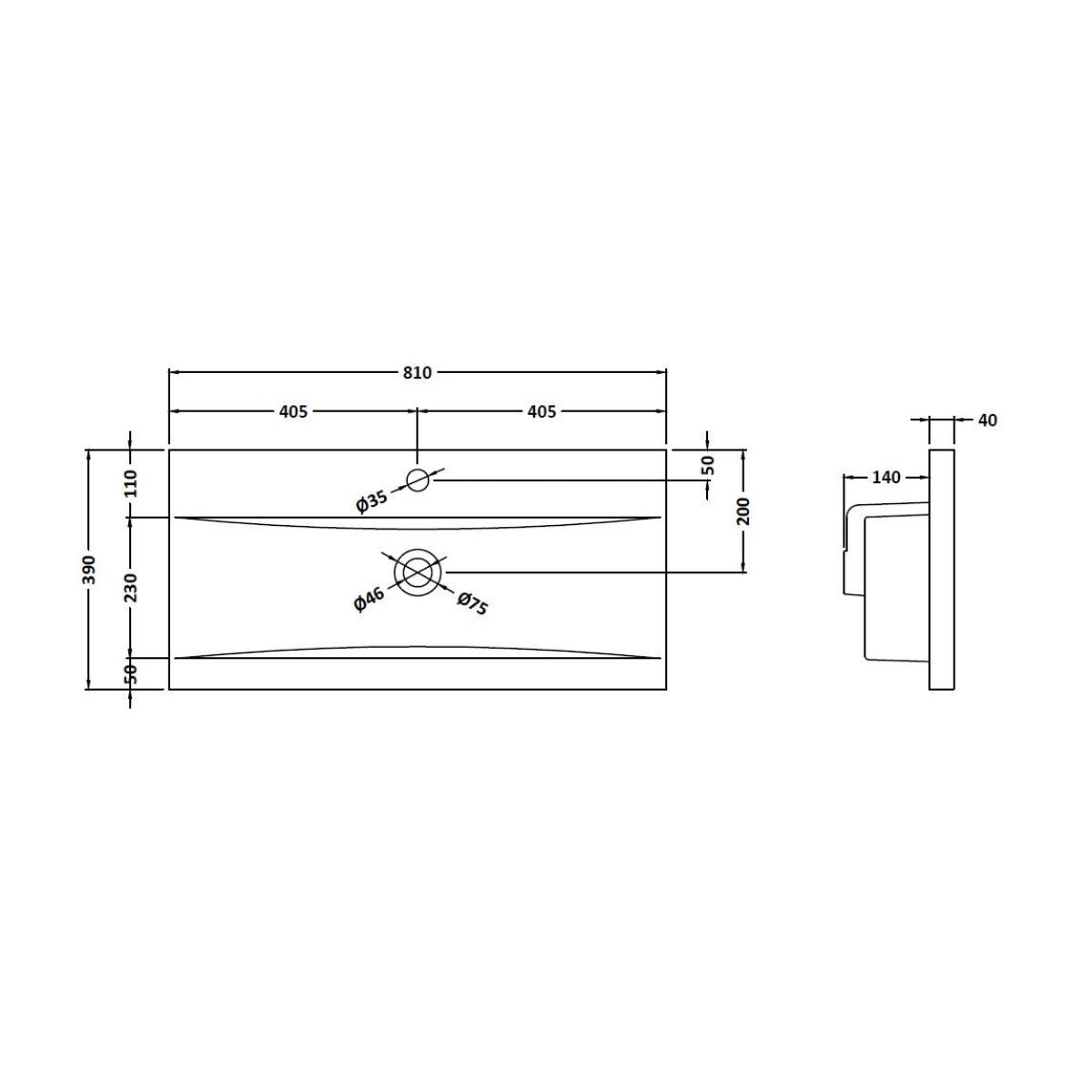 Minimalist Mid Edge Basin - 800mm - Technical drawing