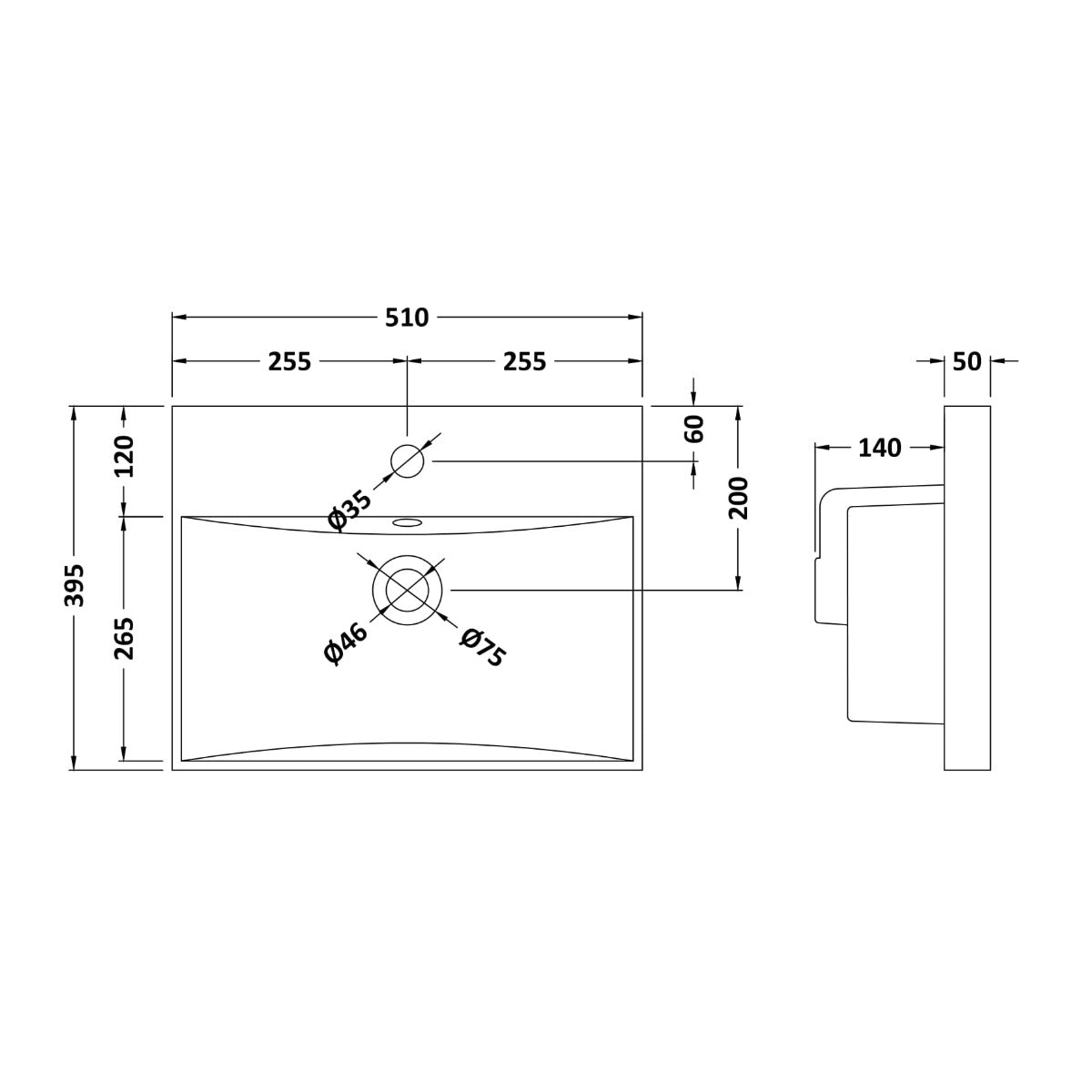 Modern Thin Edge Basin - 500mm - Technical drawing