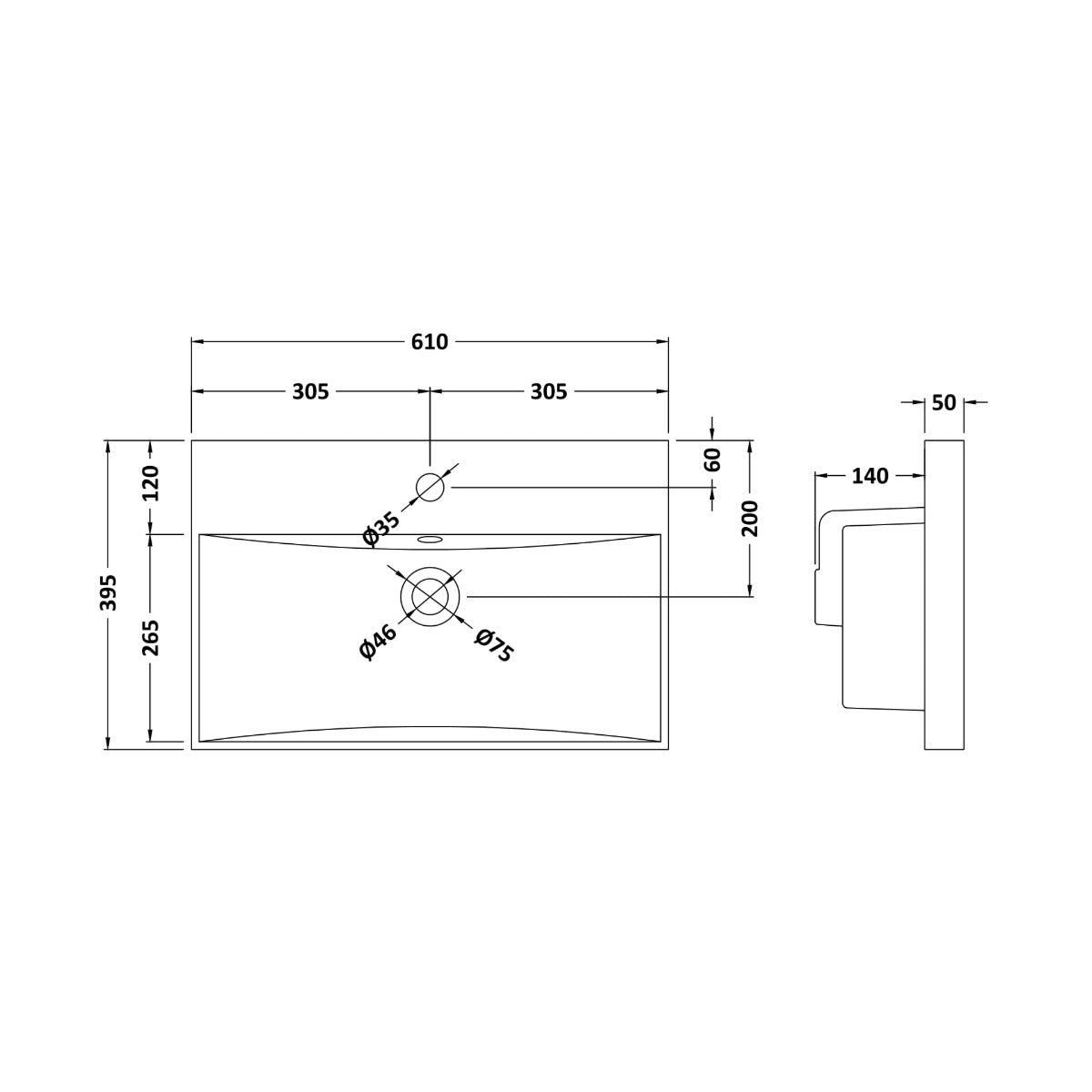 Modern Thin Edge Basin - 600mm - Technical drawing