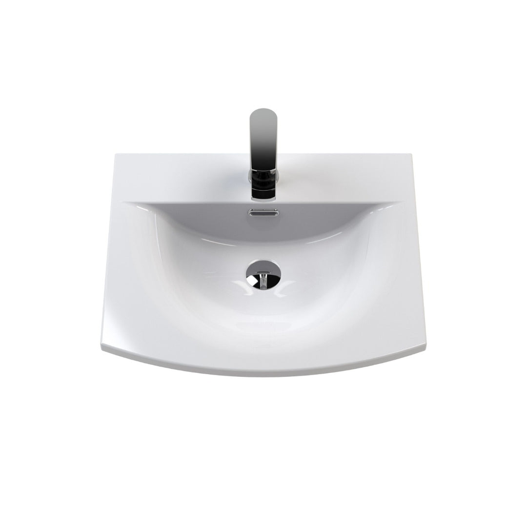 A modern white ceramic bathroom vanity sink with a bow front.