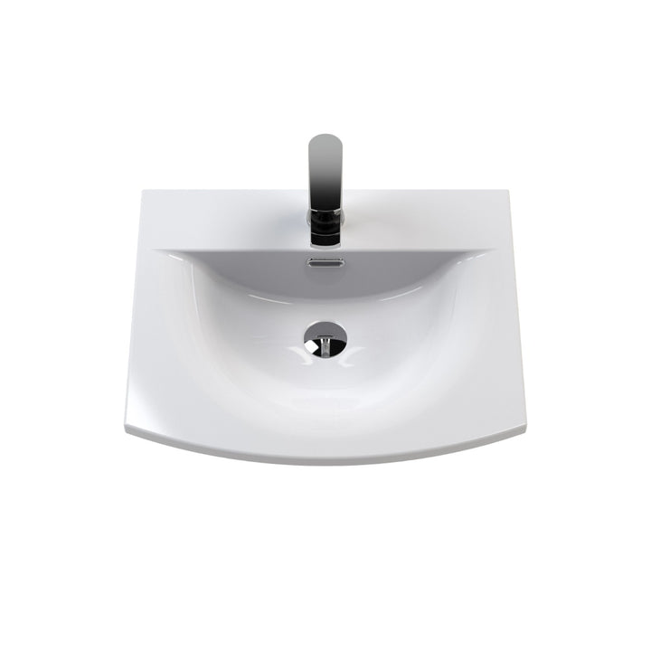 A modern white ceramic bathroom vanity sink with a bow front.
