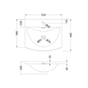 Modern Bow Fronted Furniture Basin - 500mm - Technical drawing