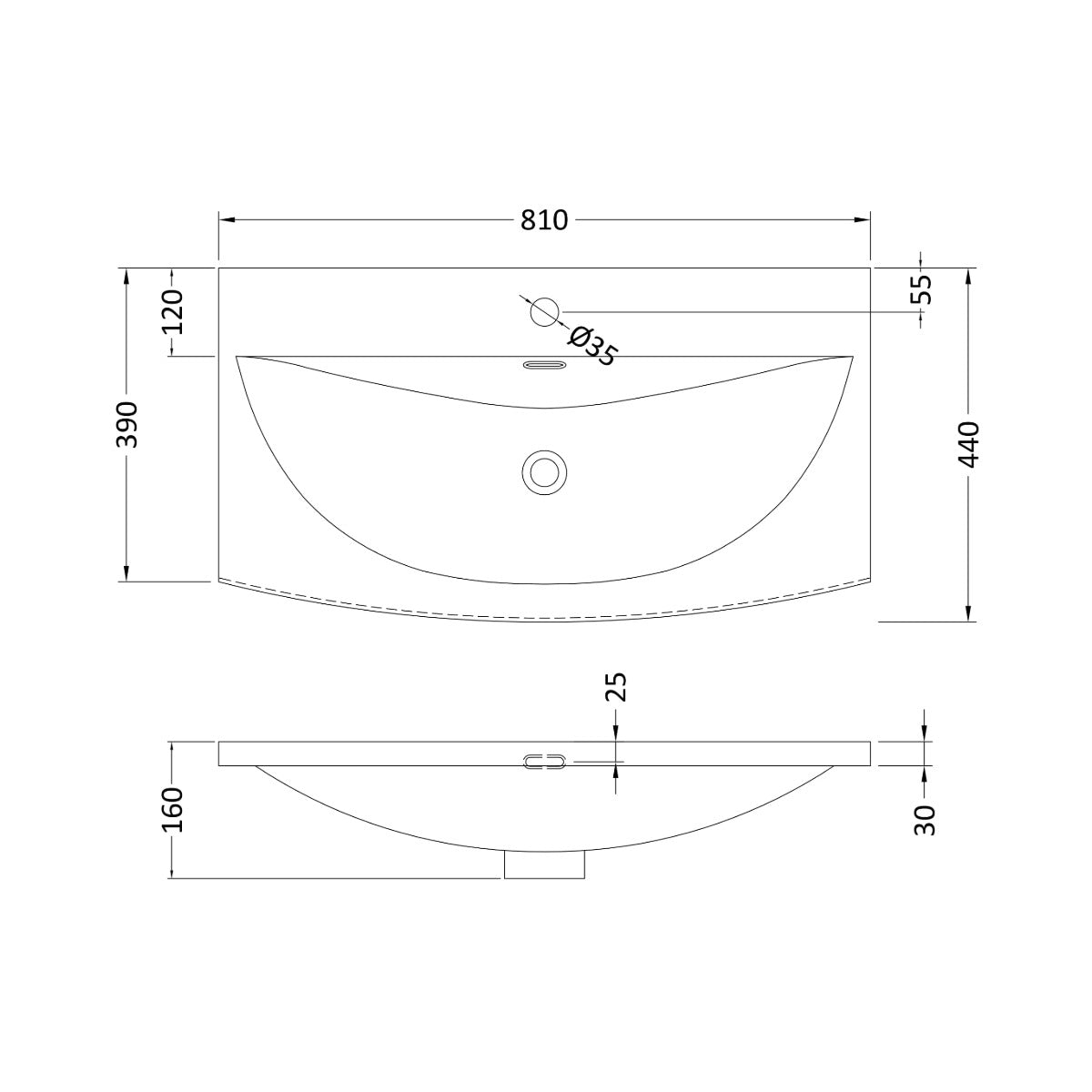 Modern Bow Fronted Furniture Basin - 800mm - Technical drawing