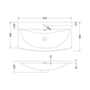 Modern Bow Fronted Furniture Basin - 800mm - Technical drawing
