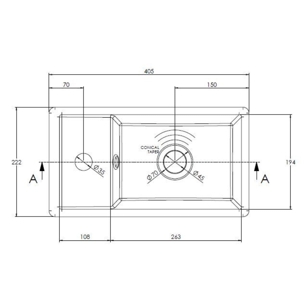Nuie 1 Tap Hole 400mm Ceramic Compact Basin - Technical drawing