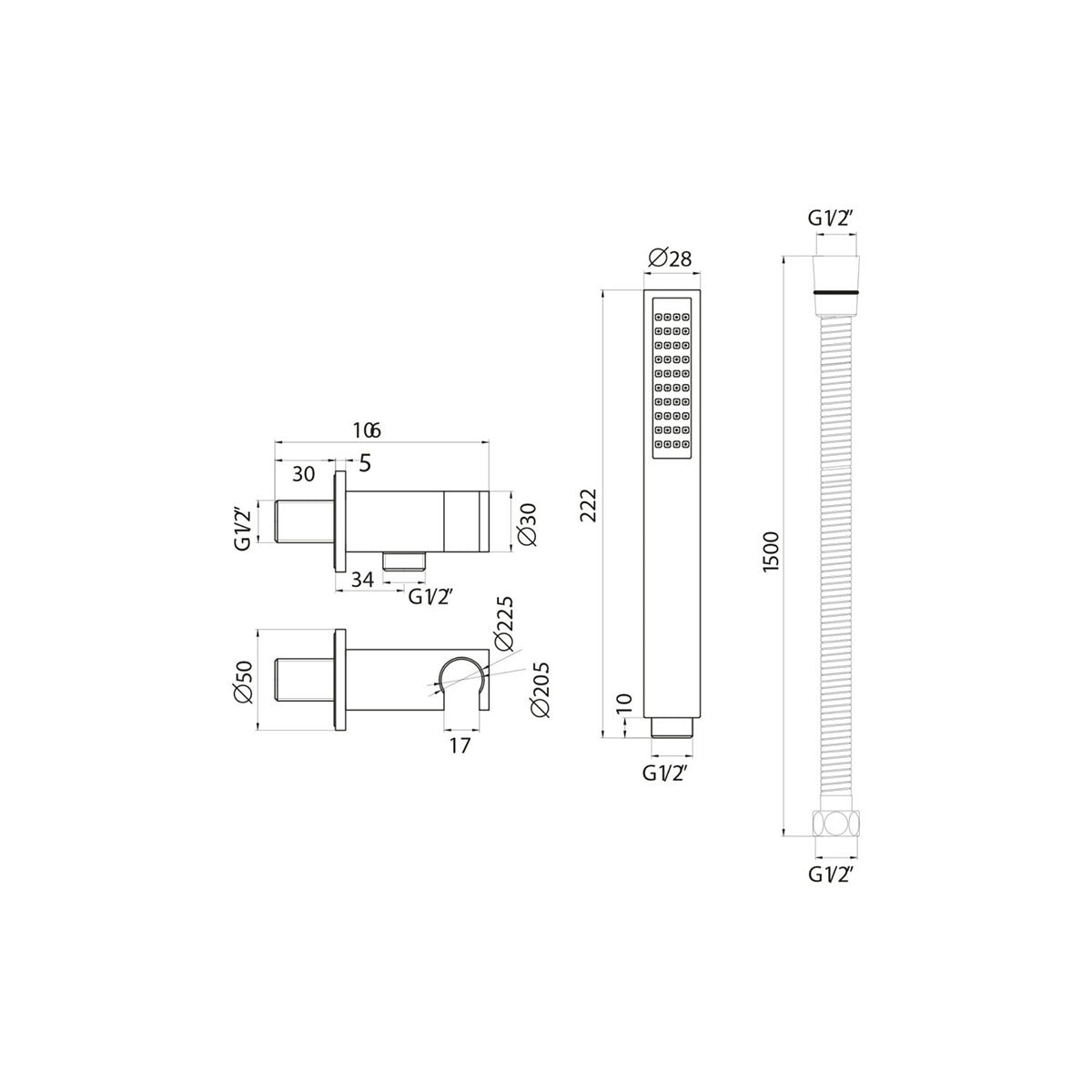 Square Shower Outlet, Hose and Head - Technical drawing
