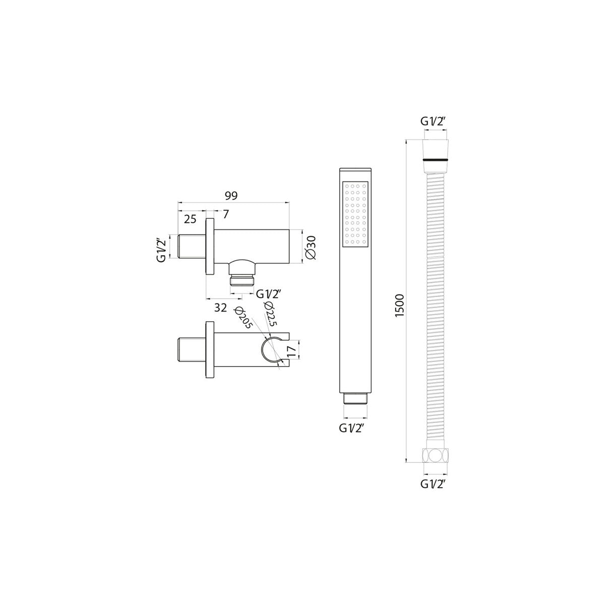 Round Shower Outlet, Hose and Head - Technical drawing