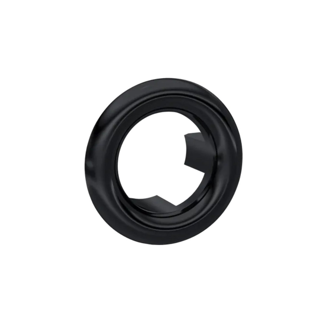 Objekt Ceramica round basin overflow cover in satin black finish, designed to conceal basin overflow openings and coordinate with modern black bathroom accessories.