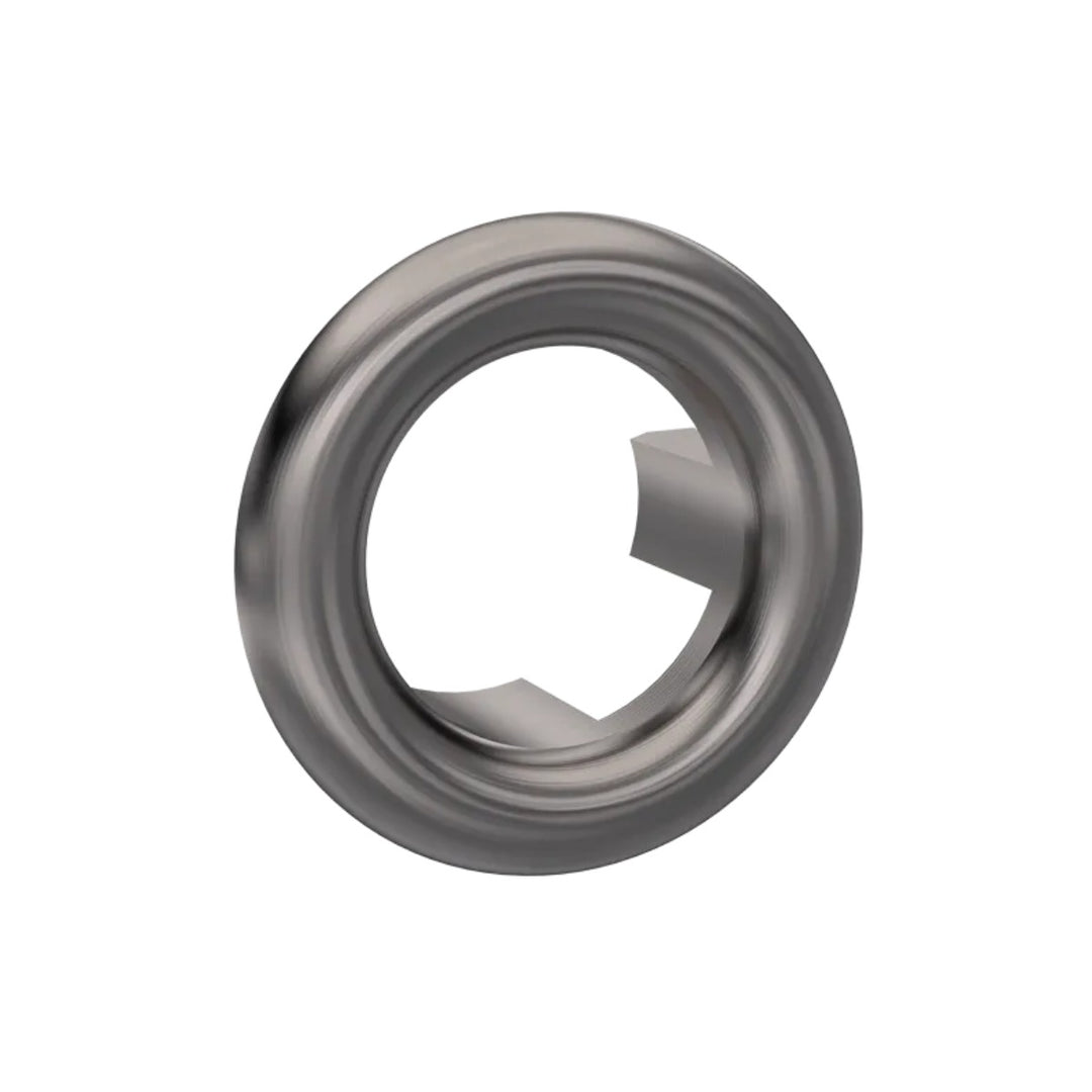 Objekt Ceramica round basin overflow cover in gun metal finish, designed to conceal basin overflow openings and coordinate with modern gun metal bathroom accessories.