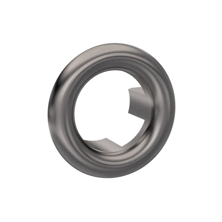 Objekt Ceramica round basin overflow cover in gun metal finish, designed to conceal basin overflow openings and coordinate with modern gun metal bathroom accessories.