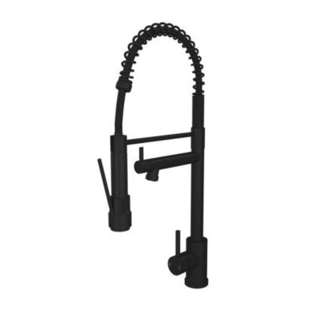 Matt black kitchen mixer tap with swivel spout, single lever control and directional spray for flexible everyday kitchen use.