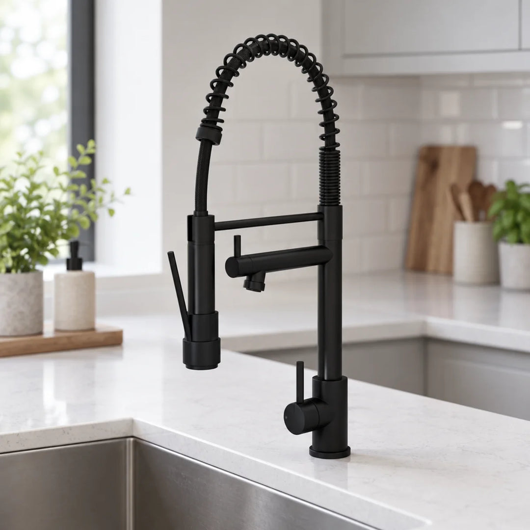 Matt black kitchen mixer tap with coiled spring spout and swivel spray head, shown installed on a white worktop beside a steel sink