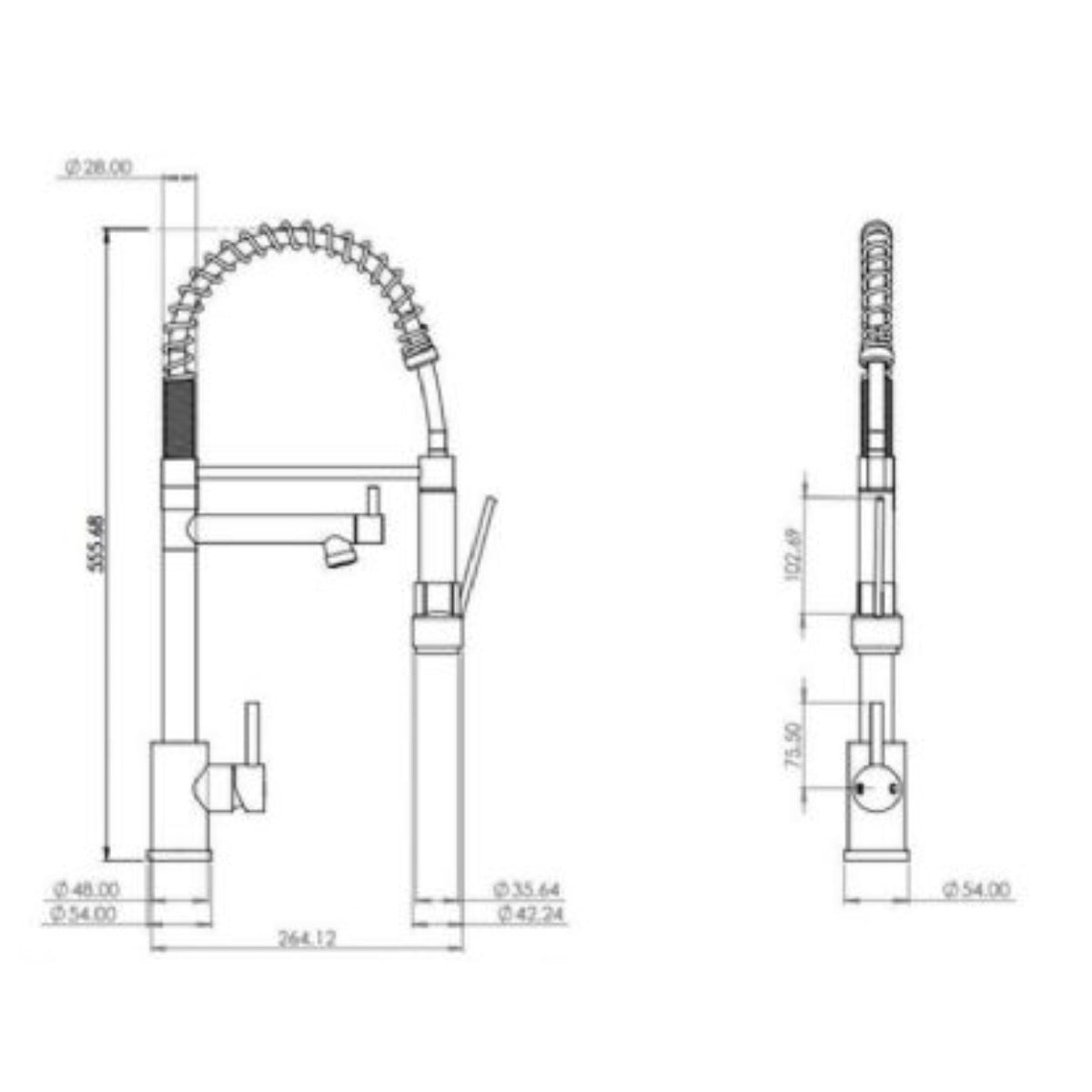 Kitchen Mixer with Swivel Spout & Directional Spray - Matt Black - Technical drawing