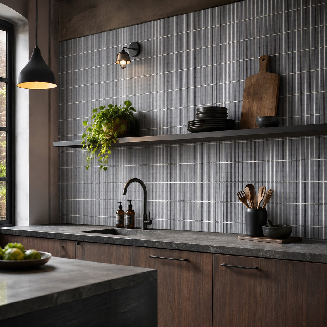 Piano Grey 29.6 x 29.9cm mosaic sheet featuring glossy grey linear mosaic tiles, creating a sleek contemporary finish for kitchens and bathrooms.