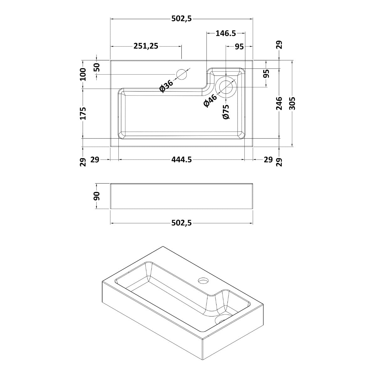 Nuie 1 Tap Hole 500mm Polymarble Compact L-Shaped Basin - Technical drawing