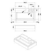 Nuie 1 Tap Hole 500mm Polymarble Compact L-Shaped Basin - Technical drawing