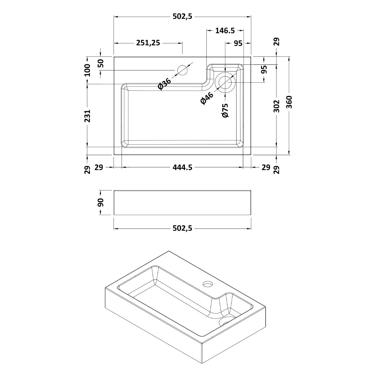 Nuie 1 Tap Hole 500mm Polymarble L-Shaped Basin - Technical drawing