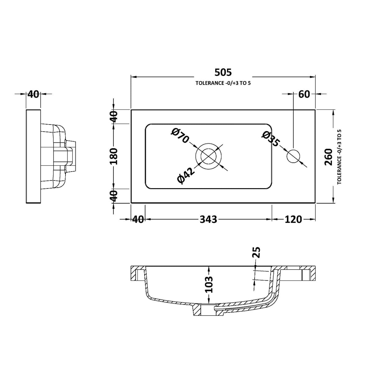 Hudson Reed 1 Tap Hole 500mm Polymarble Compact Basin - Technical drawing